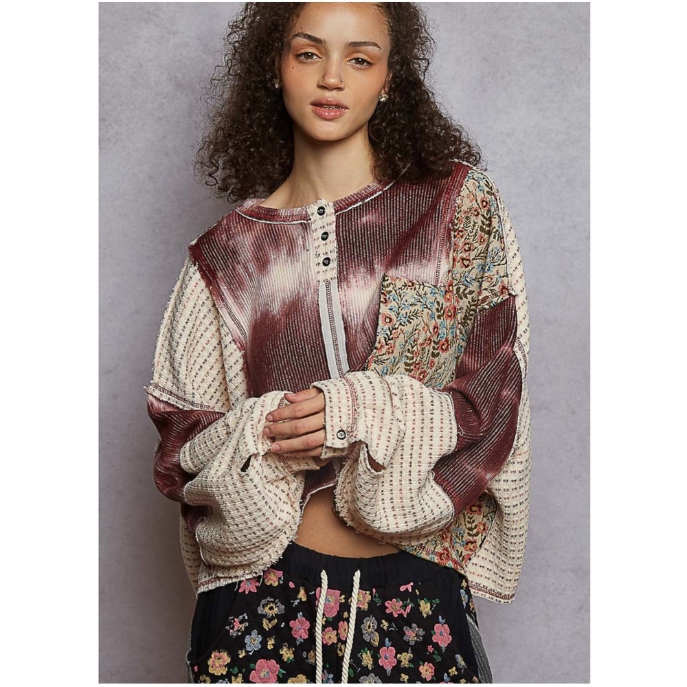 POL Patchwork Long Sleeve Tee in Burgundy, Cream, Teal - Picture 2 of 6